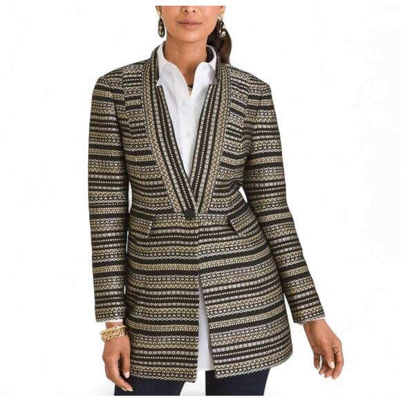 CHICO’S Black Gold Tweed Striped Metallic Long Jacket Blazer Womens Chico Size 0 - Picture 1 of 11